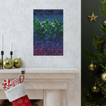Geometric abstract art piece on a wall above a fireplace with Christmas decorations.