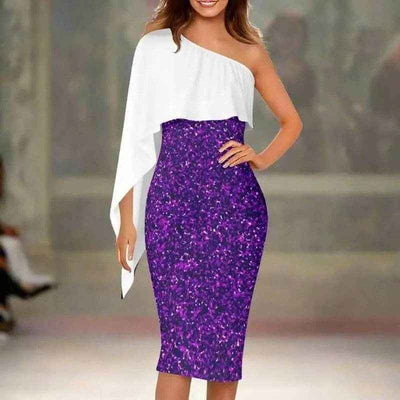 Elegant Sparkly Purple One-Shoulder Dress Main Perspective | Our Phoenix Rise
