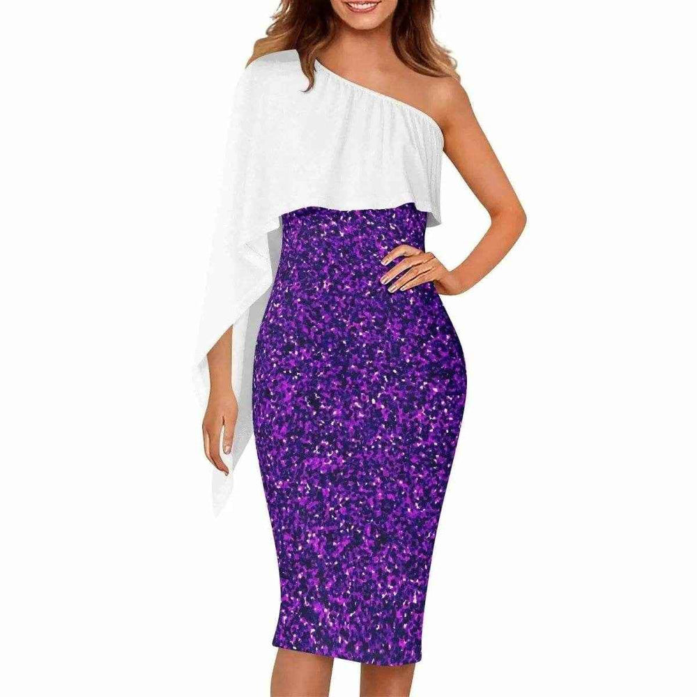 Elegant Sparkly Purple One-Shoulder Dress White S-6XL