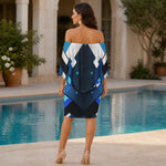 Geometric Print Mini Dress - Seated View Showing Flowy Sleeves | Our Phoenix Rise