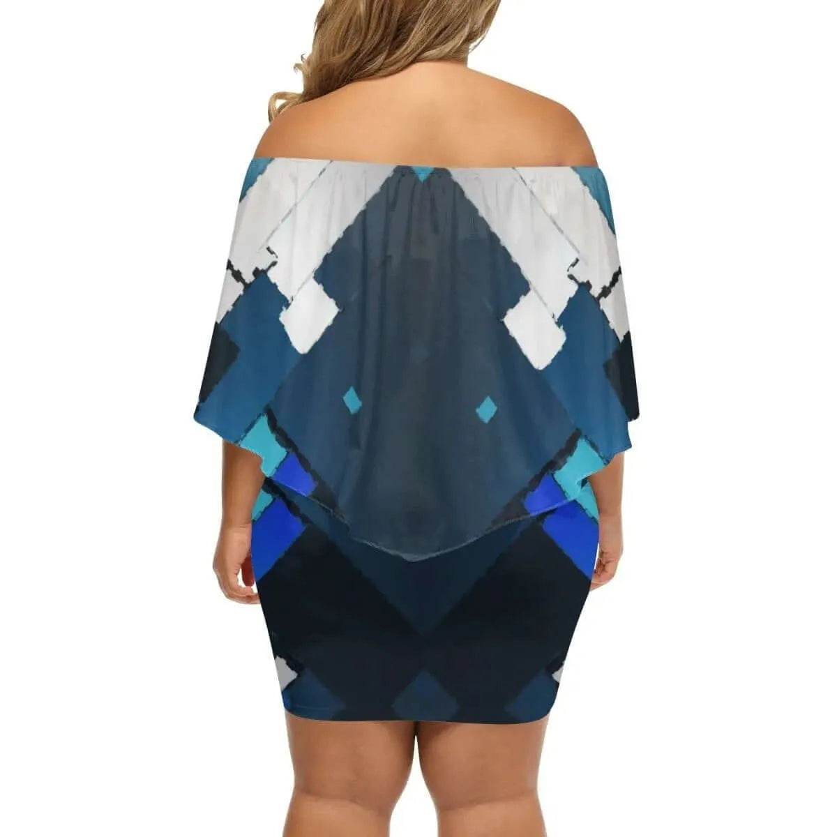 Plus Size Off Shoulder Dress - Azure Mosaic Pattern back view on model | Our Phoenix Rise