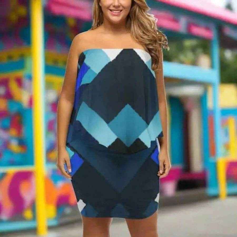 Plus Size Strapless Dress - Azure Mosaic Pattern on model in colorful street | Our Phoenix Rise