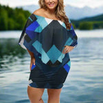 Plus Size Off Shoulder Dress - Azure Mosaic Geometric Print on model by lake | Our Phoenix Rise