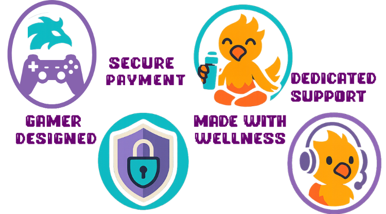 Trust Badges: Gamer Designed, Wellness, Secure, Support