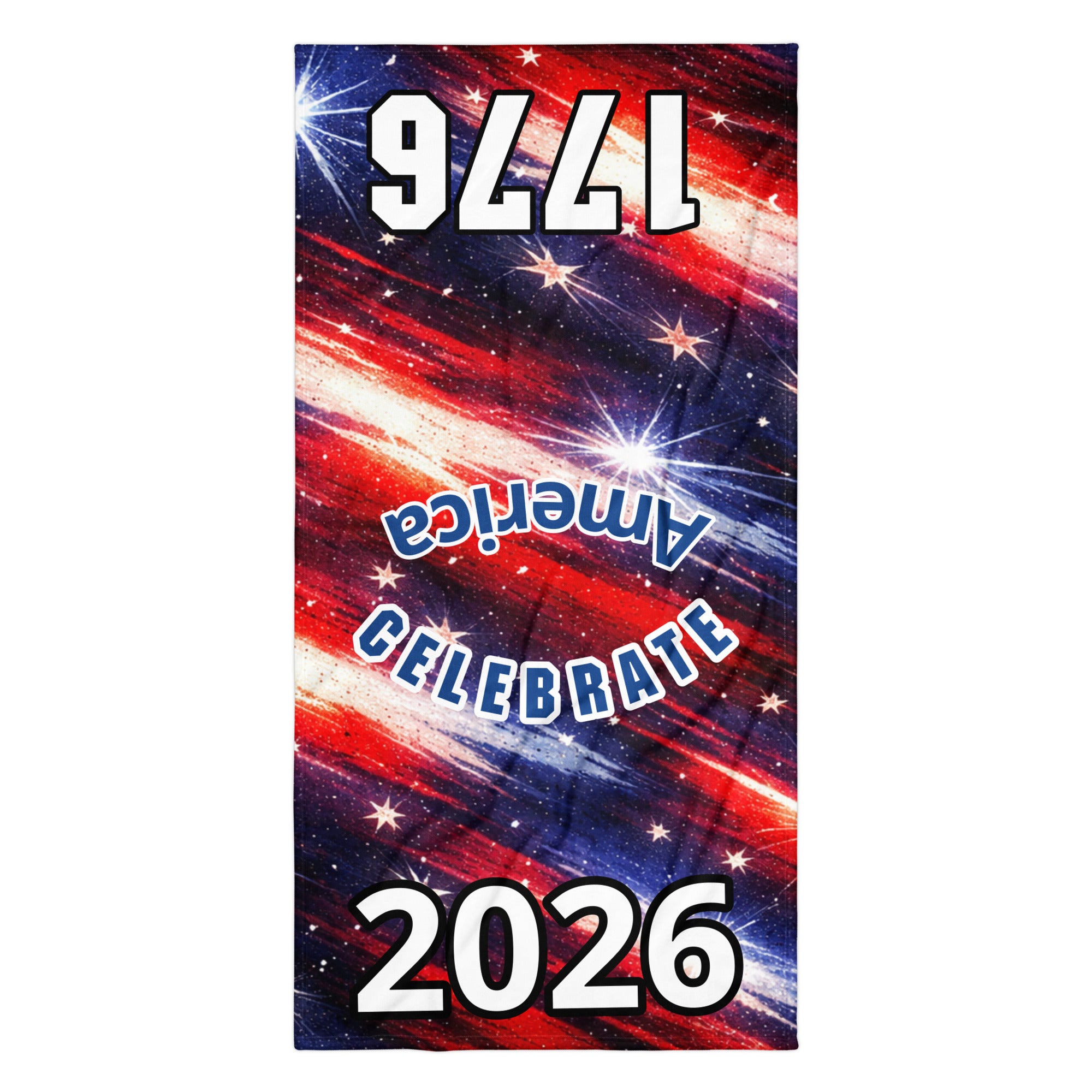 America 250 Patriotic Beach Towel - Full flat lay view, vibrant red white blue galaxy pattern | Our Phoenix Rise