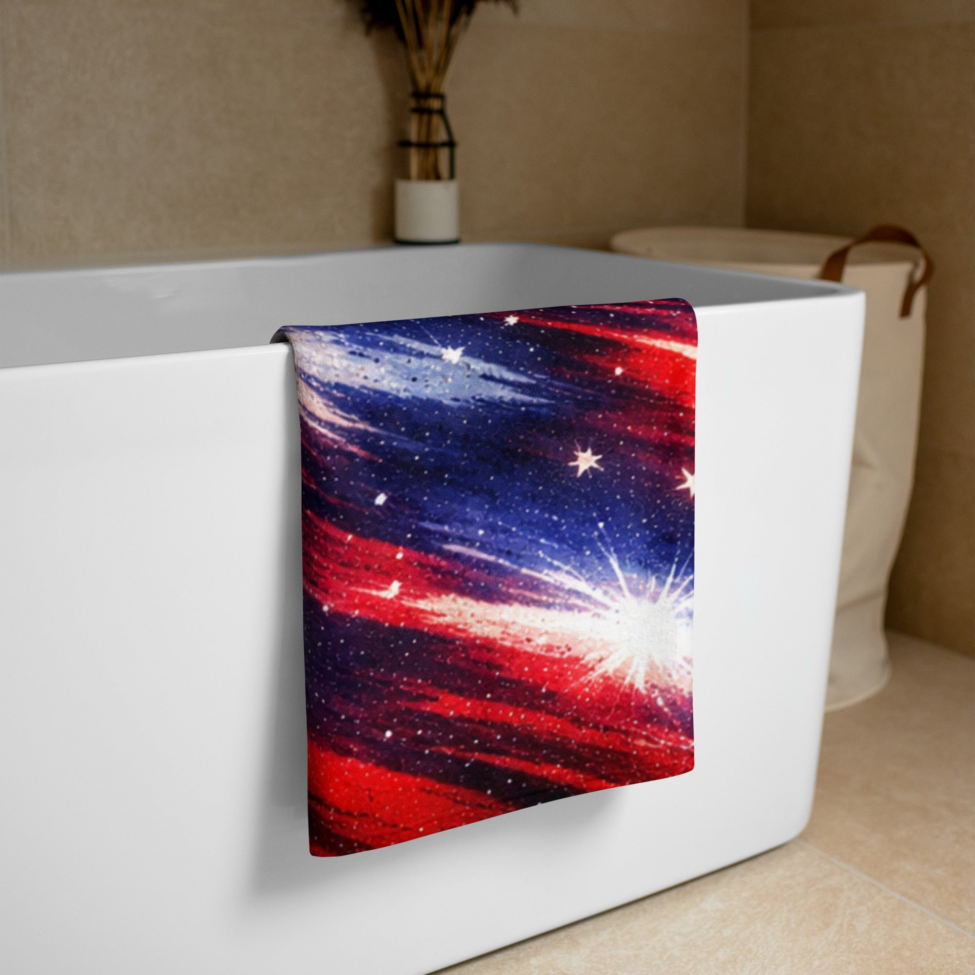American Flag Beach Towel - Hanging over bathtub in modern bathroom | Our Phoenix Rise