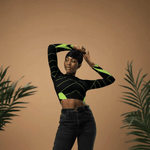 Black Neon Grid Long Sleeve Crop Top - Detail of neon grid pattern on sleeve | Our Phoenix Rise