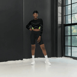 Black Neon Grid Long Sleeve Crop Top - Side profile on model, activewear | Our Phoenix Rise