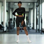 Black Neon Grid Long Sleeve Crop Top - Model in studio, highlighting comfort | Our Phoenix Rise