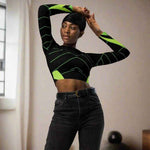 Black Neon Grid Long Sleeve Crop Top - Dynamic pose, showcasing fit and style | Our Phoenix Rise