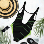 Black Neon Green One Piece Swimsuit - Close up of back detail and pattern | Our Phoenix Rise