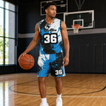 Blue Black Paint Splatter Basketball Jersey Set S-4XL - court view | Our Phoenix Rise