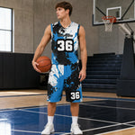 Blue Black Paint Splatter Basketball Jersey Set S-4XL - side angle | Our Phoenix Rise