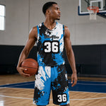 Blue Black Paint Splatter Basketball Jersey Set S-4XL - player stance | Our Phoenix Rise
