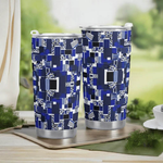 Personalized Blue Matrix Abstract Travel Tumbler - Top Down Angle | Our Phoenix Rise