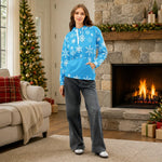 Blue Snowflake Winter Hoodie - Female model casual lifestyle pose | Our Phoenix Rise