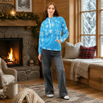 Blue Snowflake Winter Hoodie - Female model looking down casual pose | Our Phoenix Rise