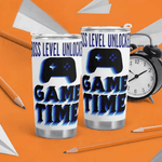 Gamer Travel Mug Boss Level Unlocked - Close-up front view with controller graphic | Our Phoenix Rise