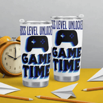 Gamer Travel Mug Boss Level Unlocked - Side view showing 'Boss Level Unlocked' text | Our Phoenix Rise