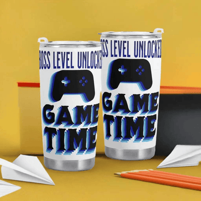 Gamer Travel Mug Boss Level Unlocked - Two mugs on orange desk with gaming accessories | Our Phoenix Rise