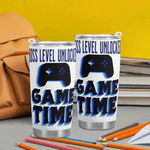 Gamer Travel Mug Boss Level Unlocked - Two mugs on orange desk with alarm clock and gaming theme | Our Phoenix Rise