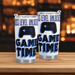 Gamer Travel Mug Boss Level Unlocked - Angled view displaying 'Game Time' text | Our Phoenix Rise