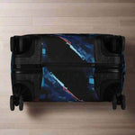 Blue Geometric Luggage Cover - Angled view in airport | Our Phoenix Rise