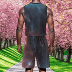 Galaxy Print Basketball Jersey Set - Side View with Orange Tulips | Our Phoenix Rise