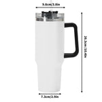 character 2 White tumbler with black handle and measurements on a white background