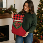 Plaid Christmas Stocking - Red Plaid Wreath Design Human Mockup | Our Phoenix Rise
