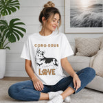 Corgi Love Graphic T-Shirt - Lifestyle mockup with woman in white tee | Our Phoenix Rise