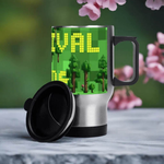 Pixelated Survival Game Insulated Travel Mug - angled view with lid off, showing design | Our Phoenix Rise