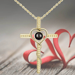 Personalized Cross Photo Projection Necklace - Gold Pendant with Red Ribbon | Our Phoenix Rise