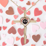 Personalized Cross Photo Projection Necklace - Gold Finish with Floating Hearts | Our Phoenix Rise