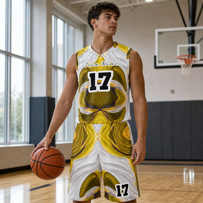 Custom Basketball Uniform Set - Player Holding Basketball on Court | Our Phoenix Rise