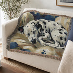 Dalmatian Dog Woven Blanket - Full View of Sleeping Dog Design with Fringed Edges | Our Phoenix Rise
