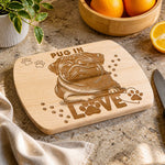 Decorative Pug Dog Cutting Board - Rustic kitchen counter lifestyle | Our Phoenix Rise