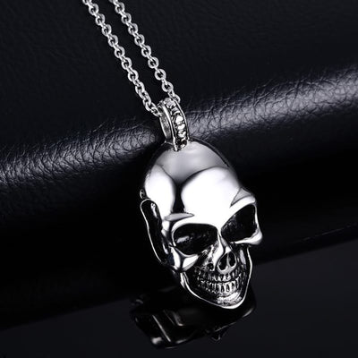Polished Skull Pendant Necklace - Angled Front View With Link Chain | Our Phoenix Rise
