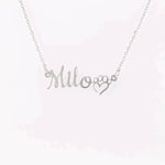 Personalized Pet Name Necklace with Paw Heart - Silver Milo on white background | Our Phoenix Rise