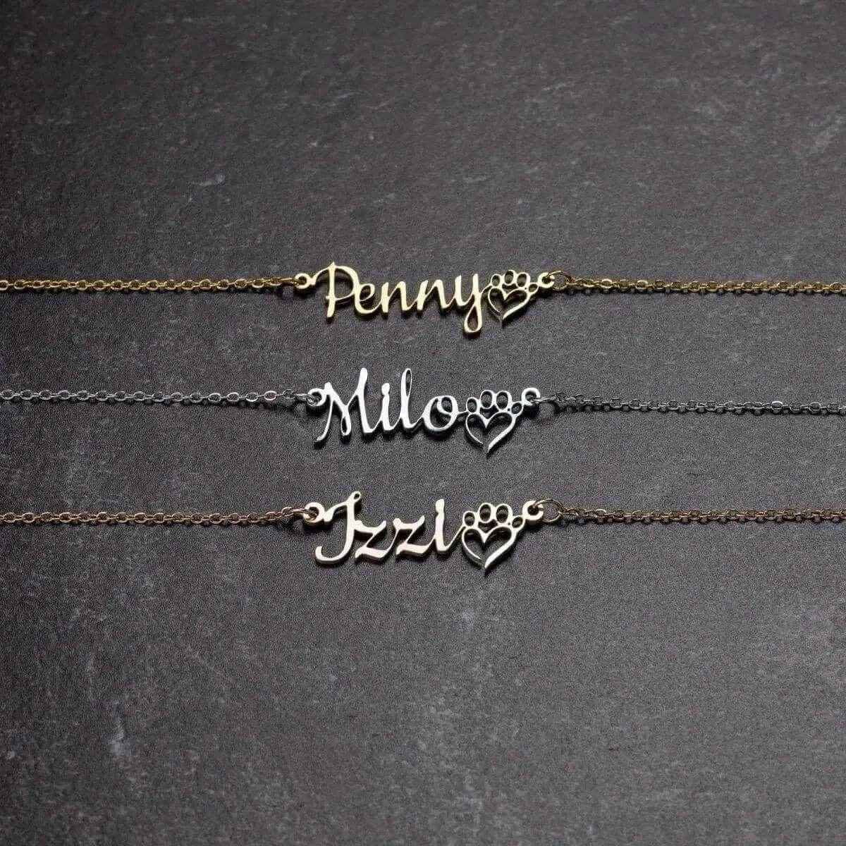 Personalized Pet Name Necklace with Paw Heart
