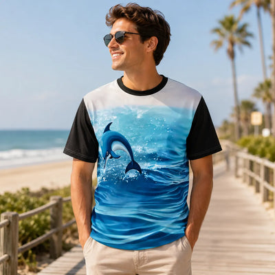 Dolphin Jumping Ocean T-Shirt Black Blue S-3XL (Unisex XS-2XL)