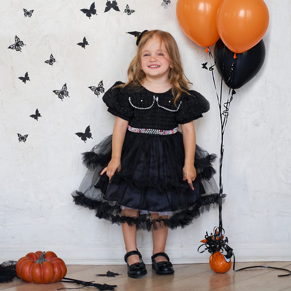 Mesh Puff Sleeve Halloween Princess Dress Black Green 80-120cm