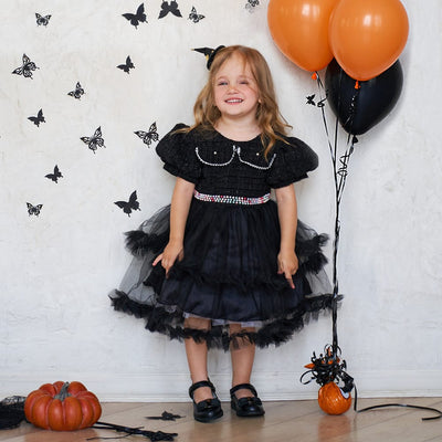 Mesh Puff Sleeve Halloween Dress - Black with Orange Balloons | Our Phoenix Rise