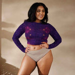 Purple Long Sleeve Sparkle Print Crop Top - Model standing back view | Our Phoenix Rise