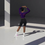Purple Long Sleeve Sparkle Print Crop Top - Model dynamic pose | Our Phoenix Rise