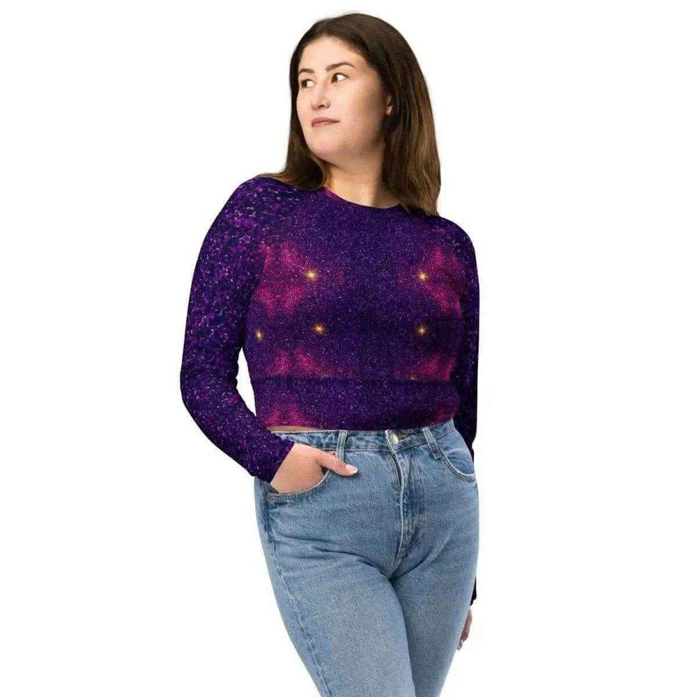 Purple Long Sleeve Sparkle Print Crop Top Eco-Friendly Red