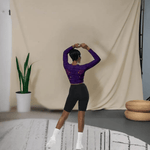 Purple Long Sleeve Sparkle Print Crop Top - Model back view with arms raised | Our Phoenix Rise