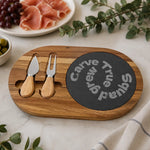 Personalized Acacia Slate Charcuterie Board - Large rectangular board with a gourmet cheese and charcuterie arrangement | Our Phoenix Rise