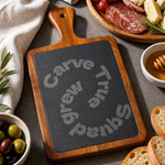 Personalized Acacia Slate Charcuterie Board - Handled rectangular board with cheese spread and appetizers at a party | Our Phoenix Rise