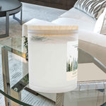 Right side angle of Frasier Fir soy blend candle. Close-up on the frosted glass finish.